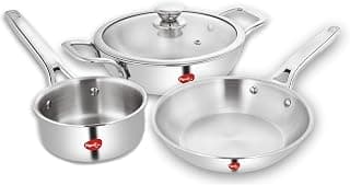 Pigeon Elite Stainless Steel Triply 4 Pcs Gift Set - 22cm (2L) Kadai, 22cm (1L) Frypan and 14cm (1.1L) Saucepan, Less Oil Use, Easy to Clean - Induction and Gas Stove Compatible - Silver