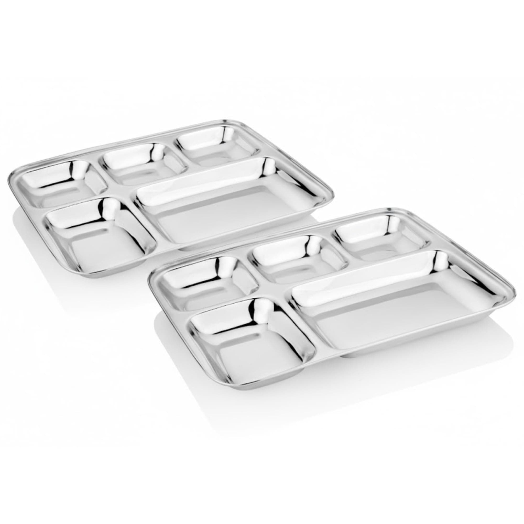 Vinod Stainless Steel Square Design 5 Compartment Plate | Rectangle Steel Thali | Lunch/Dinner Partition Plate | 100% Food-Grade, Rust-Resistant & Dishwasher Safe | Set of 2