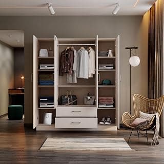 Wakefit Wardrobe for Bedroom | 1 Yr Warranty | Cupboard for Bedroom, Almirah, Wooden Wardrobe, Multi-Shelves Storage with Drawer, Hanger & Mirror, Density:680–750 kg/m³,Free Installation(Organza - FW)