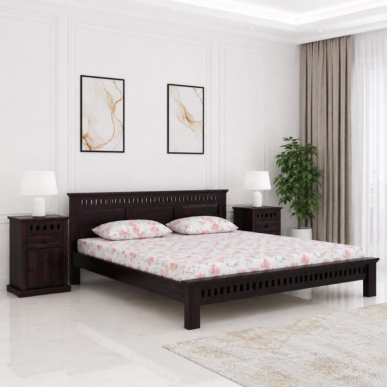 SONA ART & CRAFTS Kuber Solid Sheesham Wood Queen Size Platform Bed Without Storage | Wooden Queen Size Cot Bed | Double Bed for Home - Walnut Finish (Assembly Included)