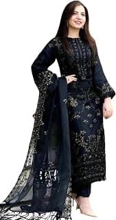 ROYALICA Women's Black Embroidered Georgette Pakistani Suit Set with