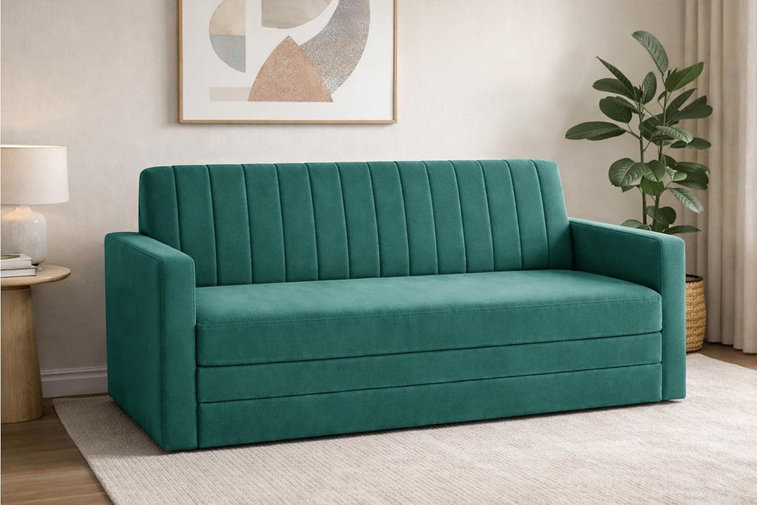 Deco Studio-Sofa-Cum-Bed | 3-Seater Foladable Couch with Armrest | Modern Fabric Sofa Bed for Living Room, Bedroom & Office - Green Color