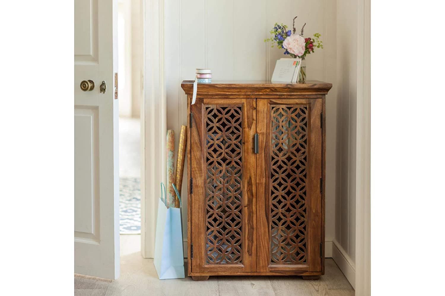 SHRI MINTU'S ART Solid Sheesham Wood Sideboard & Cabinets | Small Wooden Side Board Crockery Cabinet for Living Room | Standing Buffet Cabinet with 2 Door Cabinet Storage for Kitchen | Brown Finish