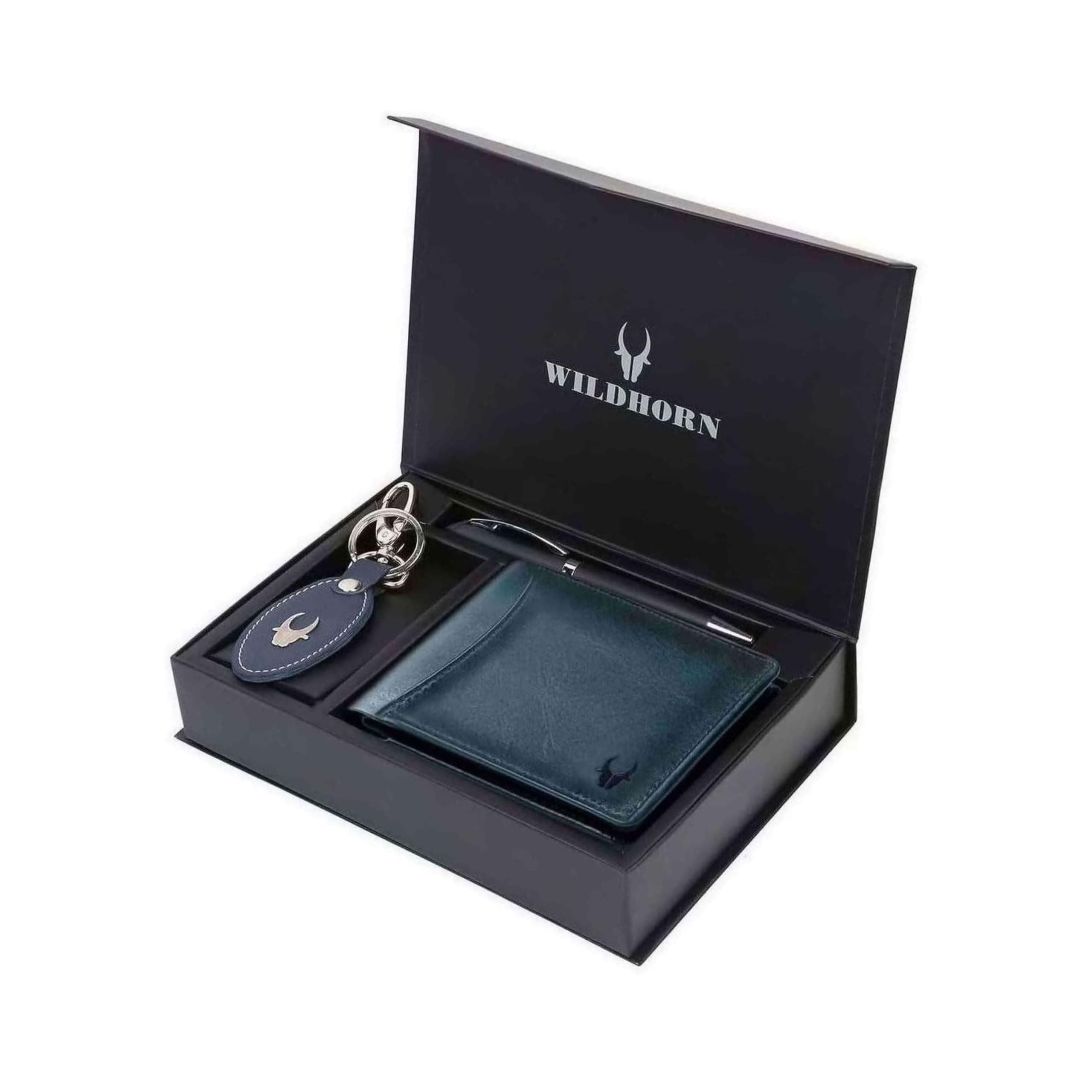 WildHorn Leather Wallet, Keychain & Pen Combo I Gift Hamper for Men (Cobalt Blue)