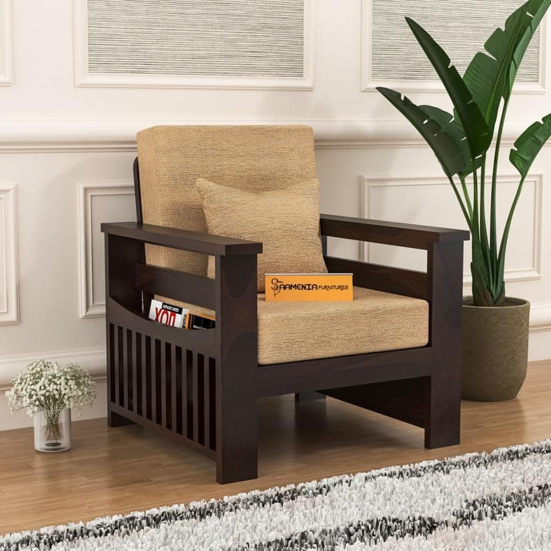 FURNESHO Harmony Solid Sheesham Wood Single Seater Sofa Set for Living Room Sofa Chair with Side Pocket Storage for Home & Office (Walnut Finish,Beige Cushion)