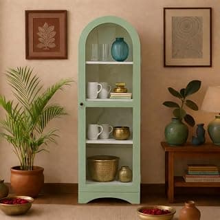 Arched Crockery Cabinet | Solid Wood Bar Cabinet | Solid Wood Book Case | Kithcen Cabinet | Finish- Sage Green