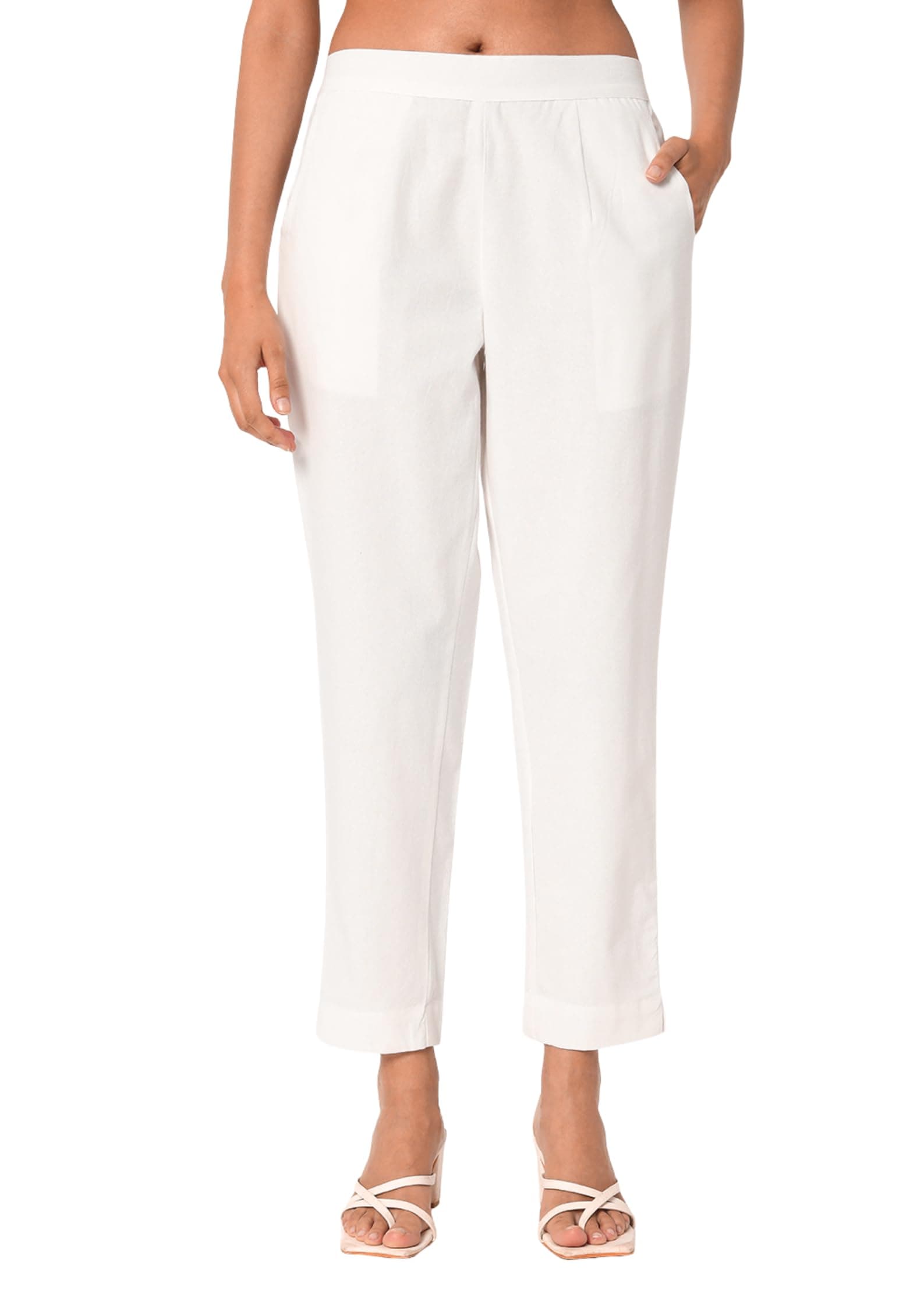 SAFED DHAGA Women's Solid Straight Fit 100% Cotton Trousers | High Waist, Side Pockets, Ankle Length Pants for Office, Casual