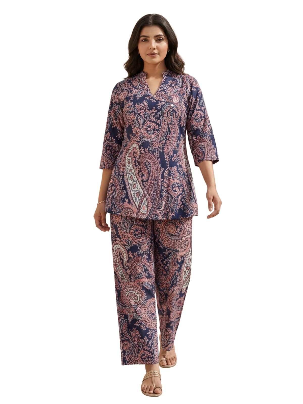 Leriya Fashion Co Ord Set for Women Stylish | Ethnic Short Kurti for Women Latest | Stylish Summer Printed Kurta Sets for Woman | A-Line Dress for Woman | 3/4 Sleeve Top with Relaxed Fit Pant
