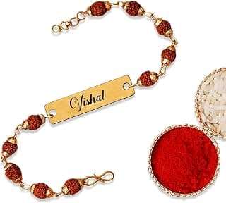 Customise & Personalized Rudraksha Rakhi Bracelet with Name Spiritual Raksha Bandhan for brother bhaiya bhai bhabi bro Gift, Gold-Plated