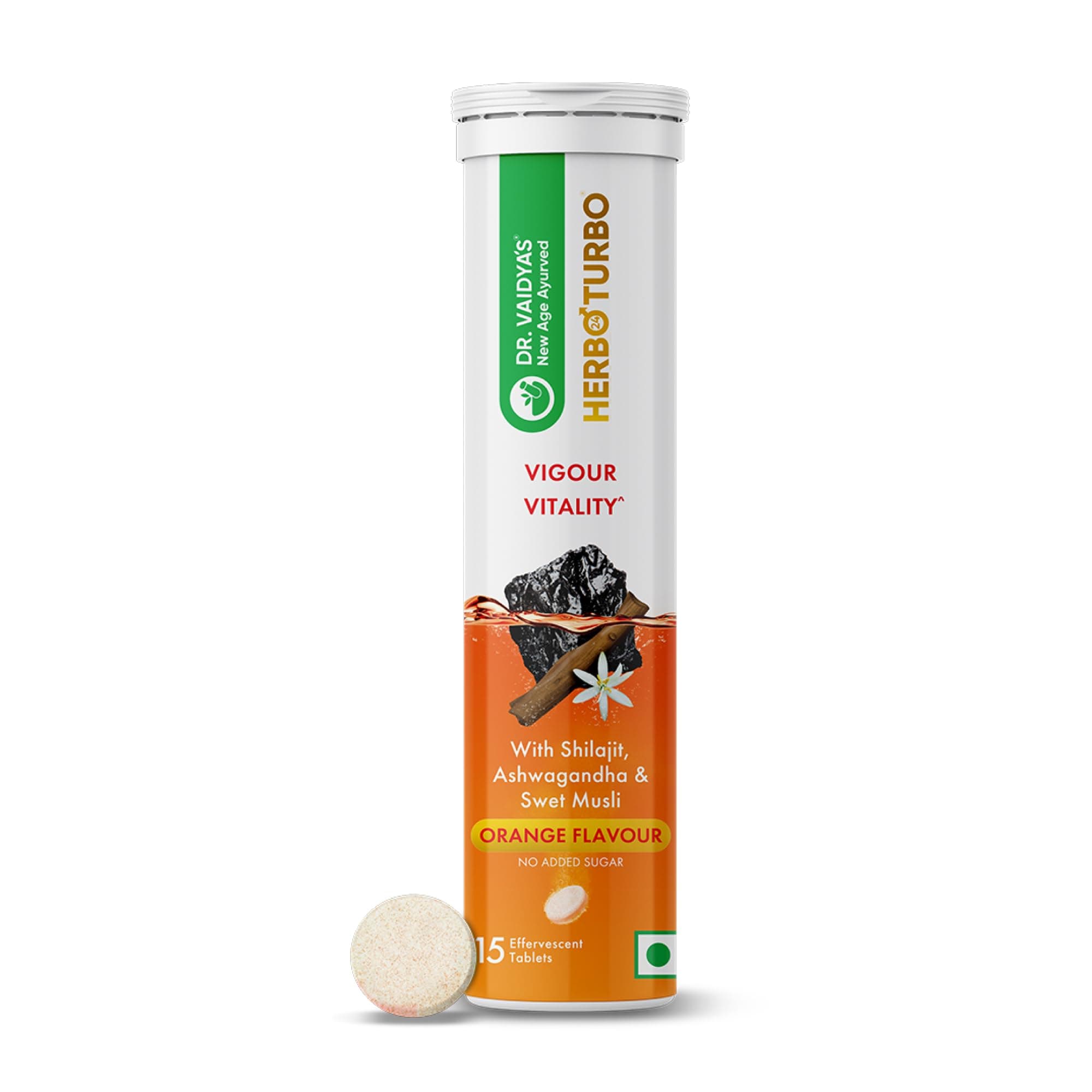 Dr. Vaidya's Herbo24Turbo Fizzy Effervescent Tablets | Contains Shilajit, Ashwagandha & Safed Musli | Herbal Formula to Support Energy, Strength, Stamina & Vitality | Tasty Orange Flavour | No Added Sugar | 15 Tablets per Pack