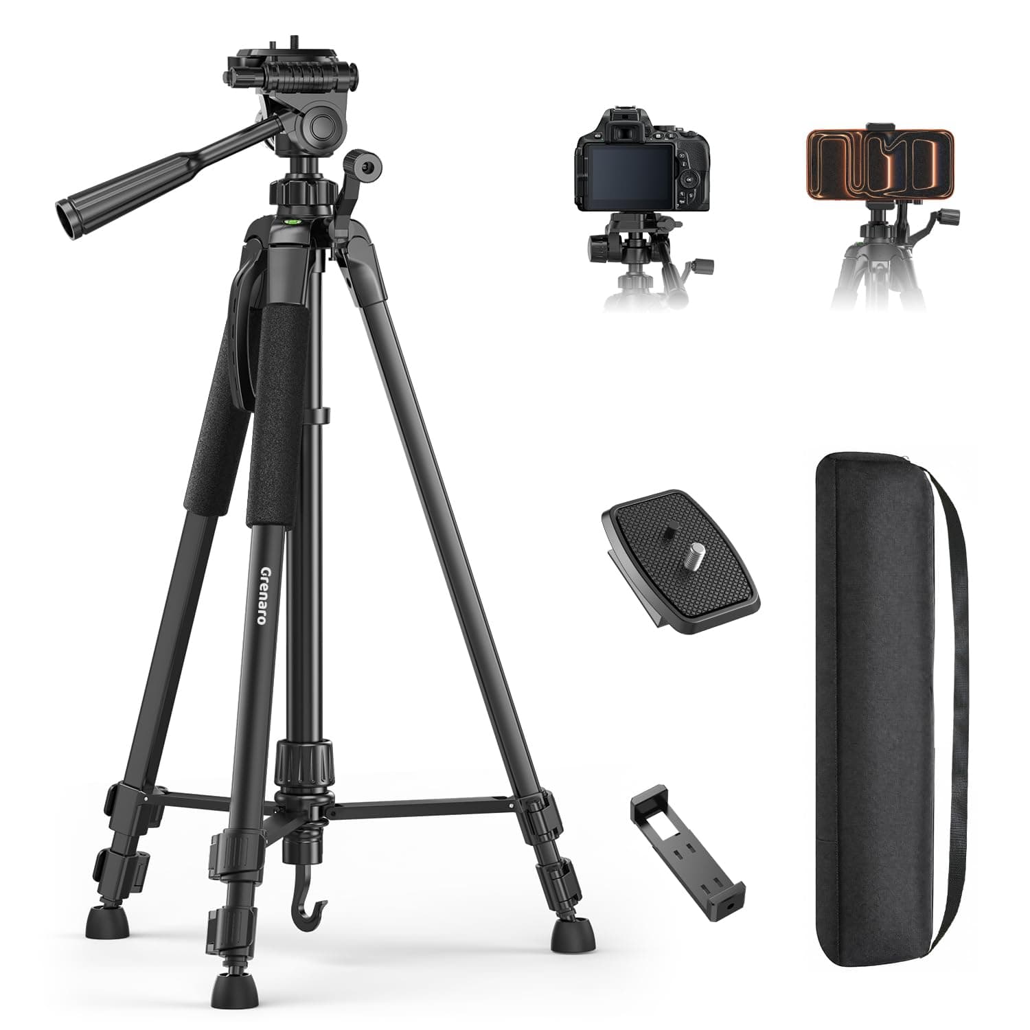 GRENARO Tripod Stand for Phone, 170cm Aluminium Tripod for Mobile Phone, Tripod for DSLR Camera, Camera Stand with 360° Rotation, Dual Bubble Level, 5kg Load Capacity for Photography, Video & Vlogging