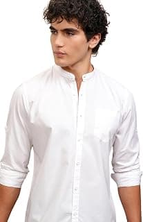 Highlander Men's Slim Fit Casual Shirts | Solid | Long Sleeves | Mandarin Collar | Casual Shirts for Men White