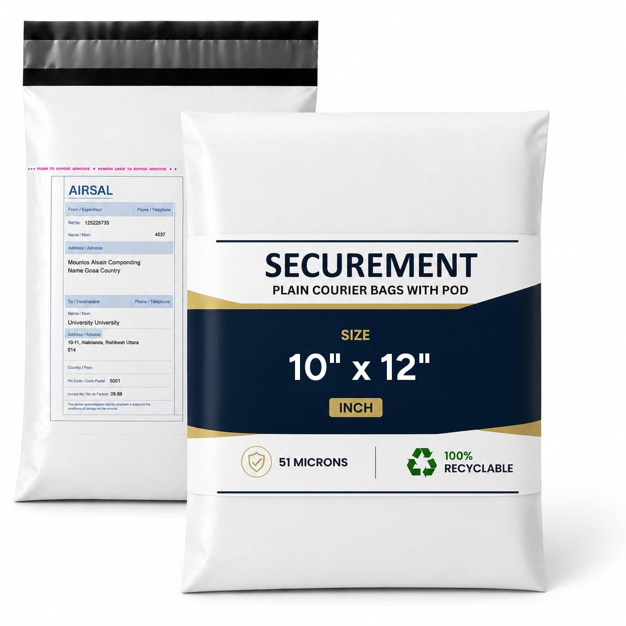 Securement Plastic Tamper Proof Polybag/Courier Bag with Pod for Packing, 51 Micron, 10 Inch x 12 Inch, White and Black, Pack of 100