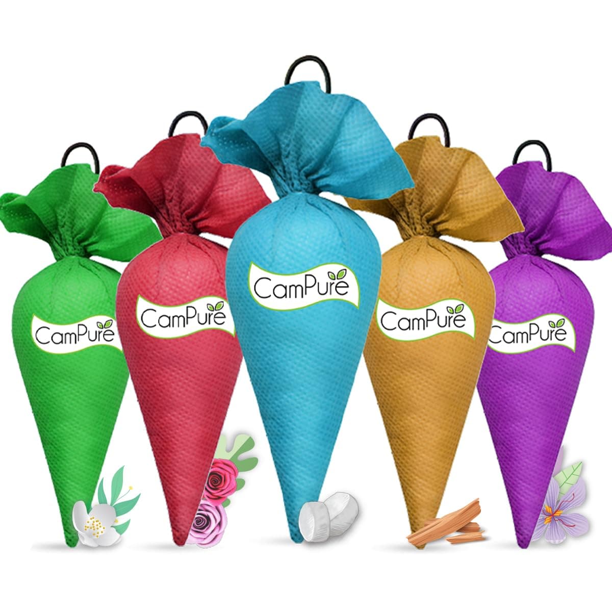 CamPure Camphor Cone Combo (Jasmine, Rose, Original Camphor, Lavender, Sandalwood) Pack Of 5-100% Organic | Air Freshener For Car, Wardrobe, Office Cabin's, Drawers, Travel Bag & Bathroom