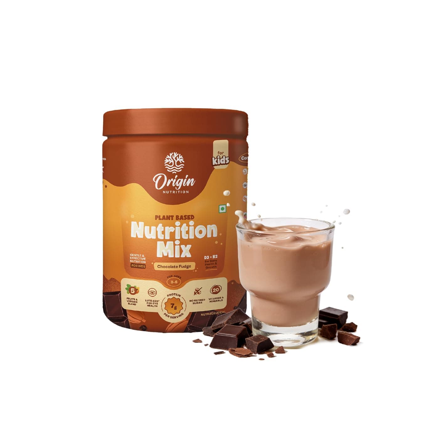 Origin Kids Nutrition Mix | Ages 3–6 | 7g Plant Protein for Growth & Immunity |LUTE-GEN® for Eye Health | No Refined Sugar | Allergen-Free | Chocolate Fudge | 272g