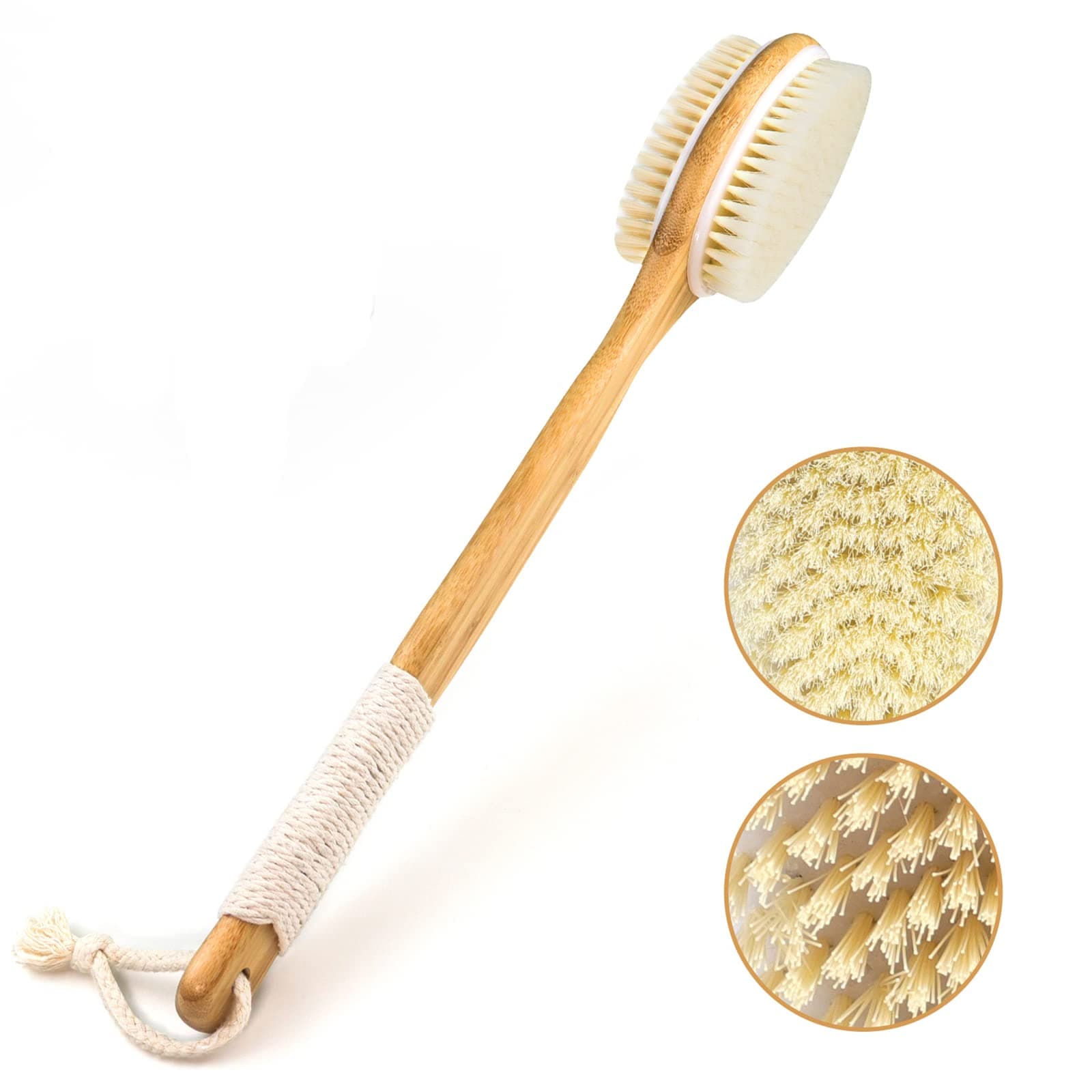 Nextuyere Shower Brush, Long Wooden Handle Body Exfoliating Brush with Soft and Stiff Bristles for Dry or Wet Brushing, Deep Cleansing, Promote Blood Circulation