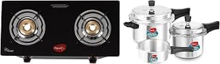 Pigeon By Stovekraft Pressure Cooker Combo With Outer Lid Gas Stove Compatible 2, 3, 5 Litre Capacity (Silver) & Aster Gas Stove 2 Burner With High Powered Brass Burner, Black (14266), Manual