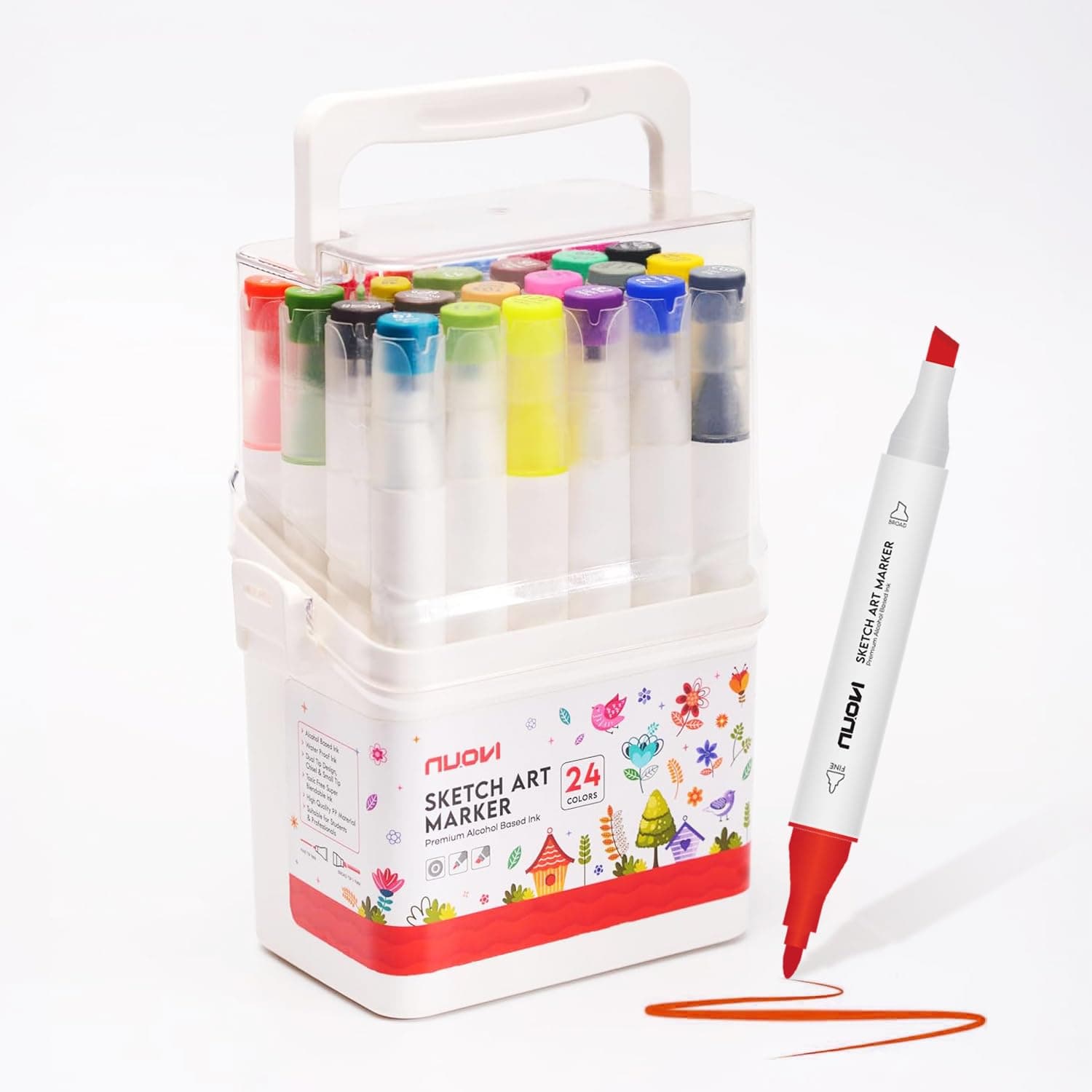 NUOVI Art Markers 24 Shades | Super Blendable Alcohol Based Ink, Smudge Free Colors | Dual Tip Fine & Chisel Tip Markers for Drawing, Colouring & Sketching