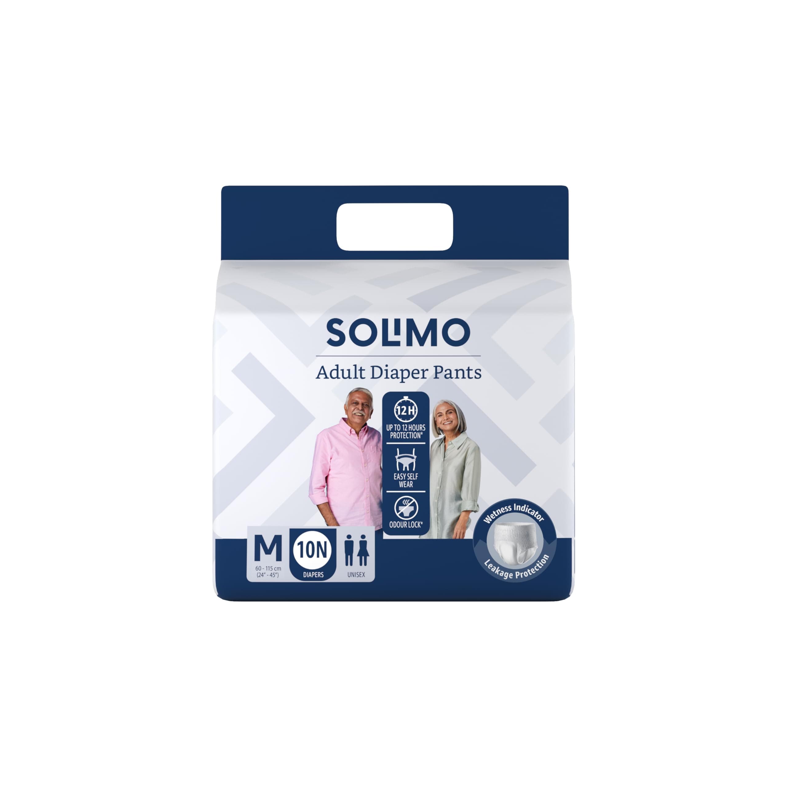 Amazon Brand - Solimo Adult Diapers Pant Style | Medium Size | 10 Count | Waist 24-45 Inch (60-115 cm) | Fast Absorption | Leak Proof | Unisex | For Men & Women