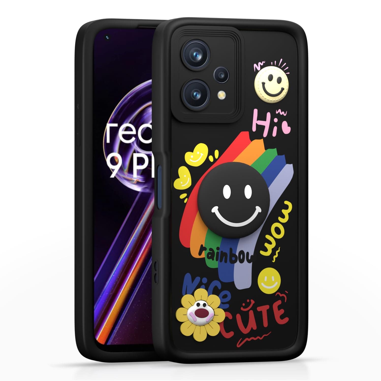 Amazon Basics Back Cover for Realme 9 4G / Realme 9 Pro Plus 5G | Cute 3D Cartoon Rainbow Smile Flower | Raised Camera Protection | Shockproof Soft Silicone Bumper Case (Black)