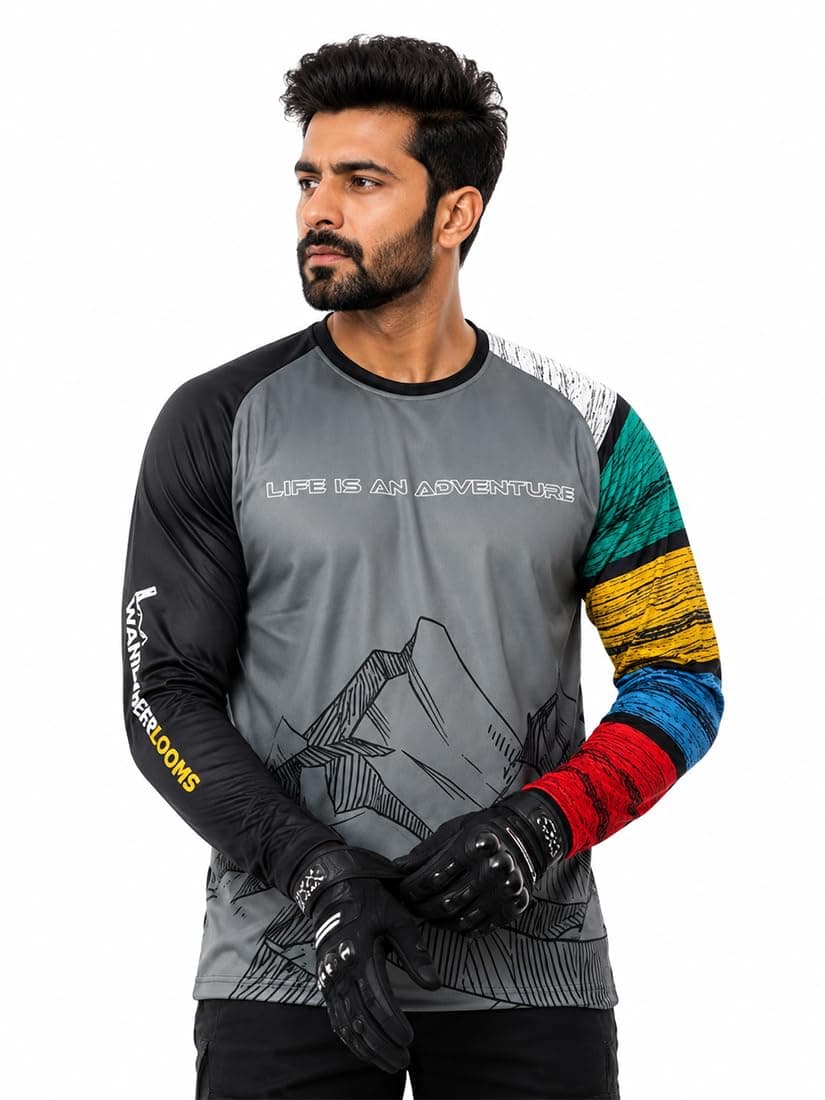 WANDERLOOMS Himalayan High Riding Jersey for Men | Full Sleeve Graphic Printed Round Neck Sports T-Shirt for Bike Riding, Cycling & Outdoor Activities