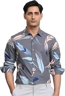 MUFTI Grey Leaf-Print Slim Fit Shirt