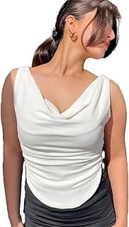 Istyle Can Women's Solid/Plain Asymmetric Hem Stretchable Draped Crop Top. Sleeveless, Single Shoulder, Off Shoulder, Cowl Neck, Crop Length