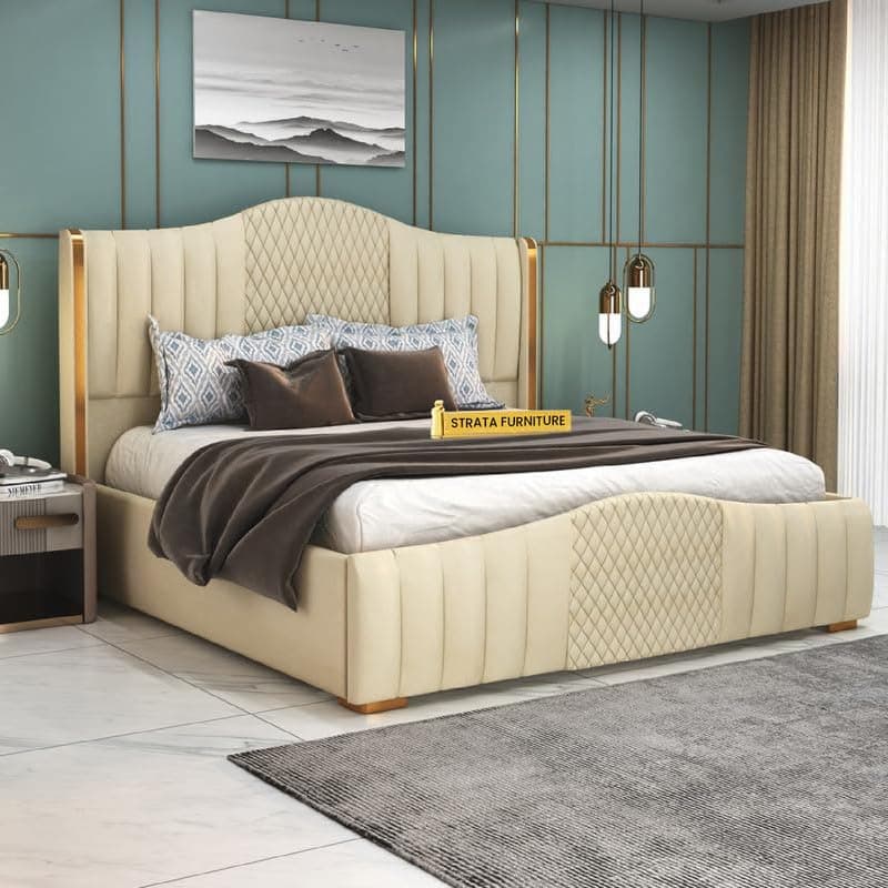 STRATA FURNITURE Solid Wood Queen Size Bed with Box Storage and Upholstered Headboard | Stylish Wooden Double Bed Cot Palang Furniture for Bedroom, Hotels, Living Room, and Home (Beige)