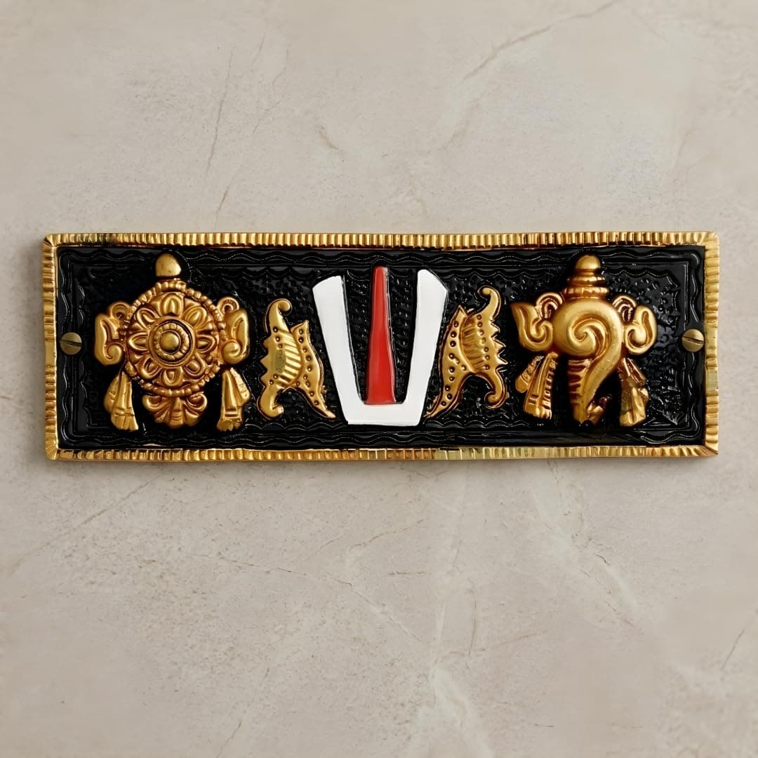 Decodaz Tirupati Balaji Shankh Chakra Tilak Wall Decor | Premium Metal Wall Hanging for Home Temple, Pooja Room, Main Door Entrance Vastu Decor Housewarming Gifts