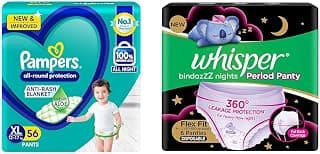 Pampers All round Protection Pants Style Baby Diapers, X-Large (XL) Size, 56 Count and Whisper Bindazzz Night Period Panty|6 M-L Panties