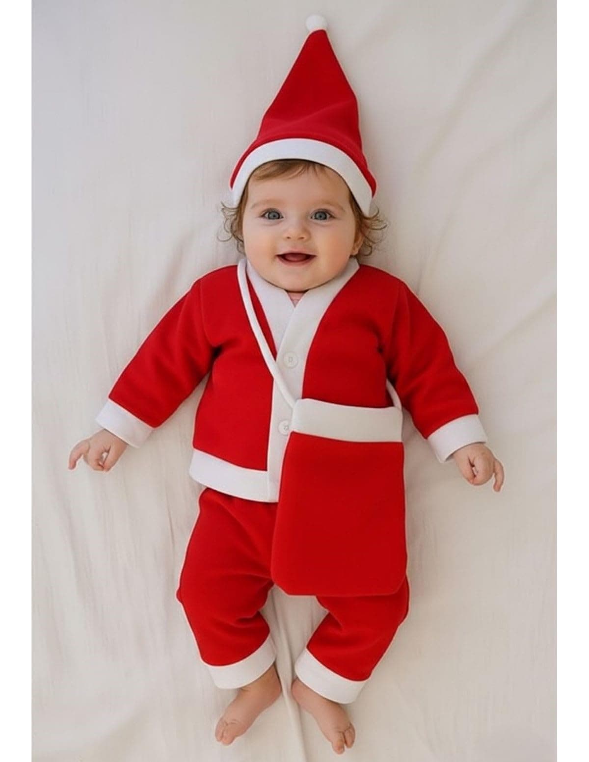 BookMyCostume Santa Claus Dress Set of 4 (Jacket, Bottom, Bag, & Cap) Kids Christmas Costume 6-12 months