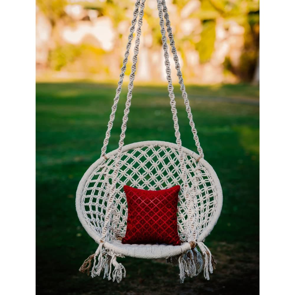 Patiofy Made in India Swing Chair for Balcony Home Indoor/Outdoor Hanging Wooden Swing for Kids Jhula Hanging Chair with White Rope and Hanging Accessories (White)