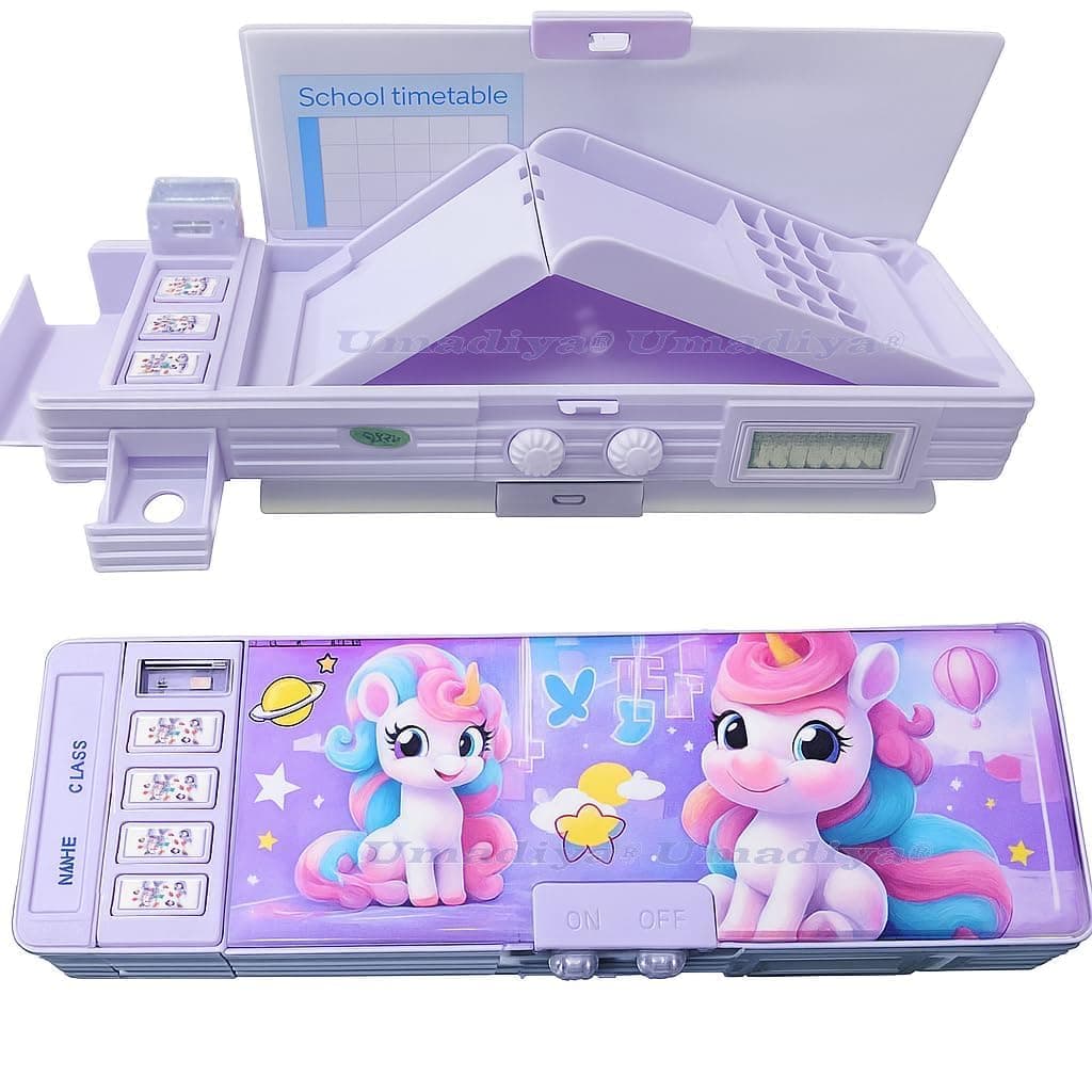 Umadiya® Multifunctional Unicorn Password Lock Double Sided Compass Box for Kids, Pencil Box for Boy & Girl, Aesthetic Stationary Items, Unicorn Theme Pencil Case Return Gifts for Kids