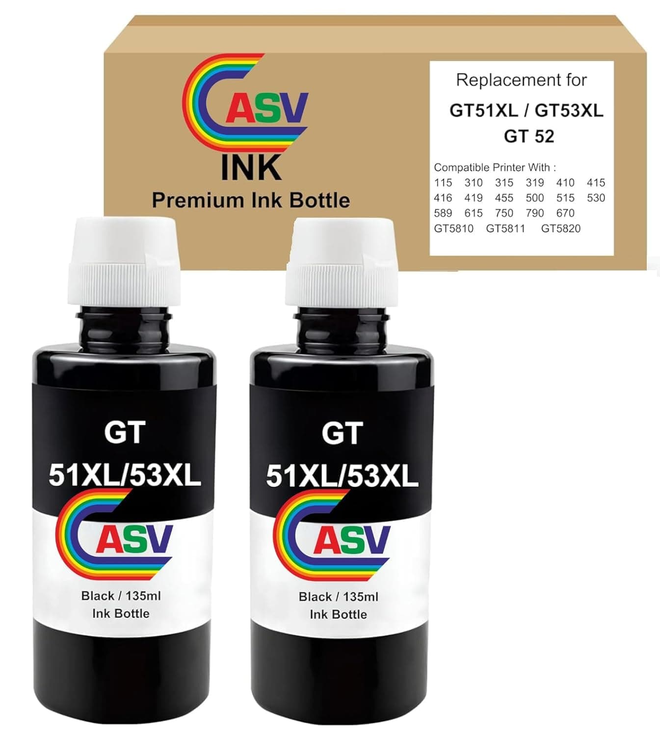 ASV GT53XL & GT51XL Refill Ink Bottle (Black, 135ml Each, Pack of 2) – Compatible with 5810, 5811, 5820, 5821, 310, 315, 316, 319, 415, 416, 419 & Smart Tank 500, 510, 515, 610, 650, 700, 720 Printers