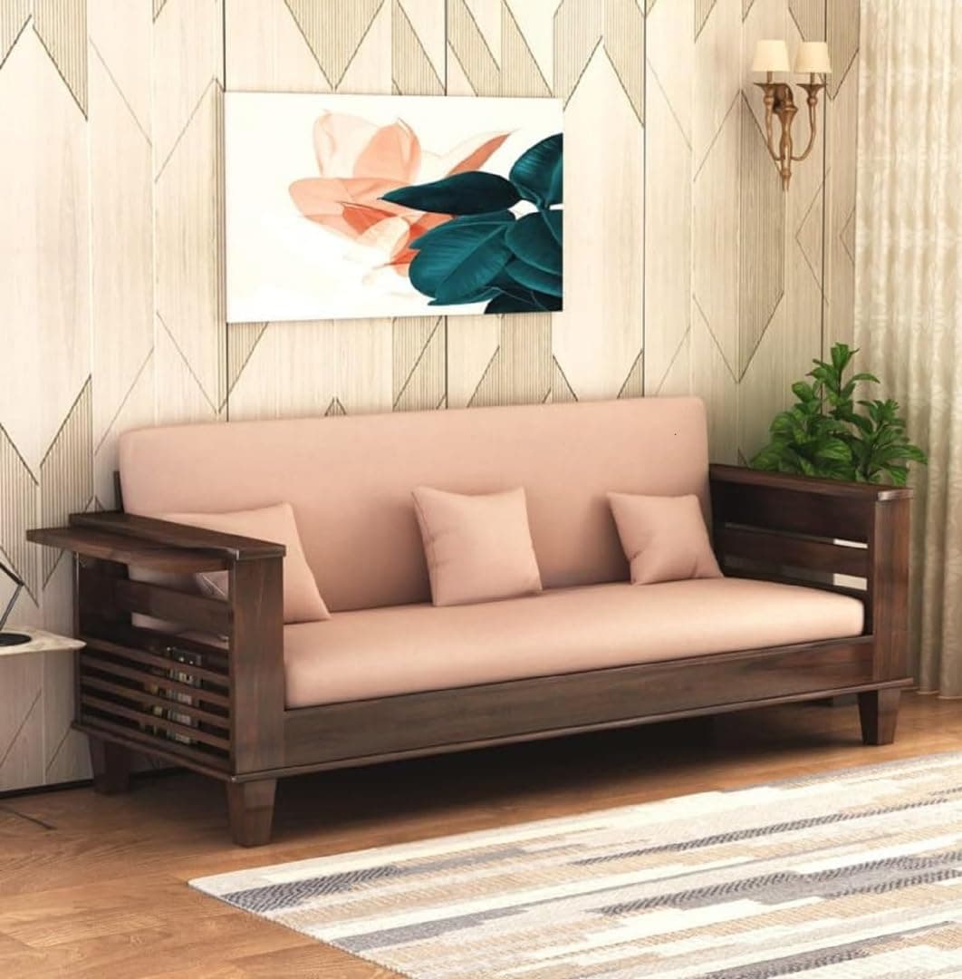 STRATA FURNITURE Sheesham Wood 3-Person Sofa Set for Living Room Office Home Wooden Sofa Cum Bed with Side Magzine Newspaper Holder (Walnut Finish)