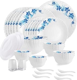 CELLO Blue Swirl Dazzle Series Opalware Dinner Set of 37 Pieces for Family of 6 | Bone-Ash Free & Leadfree Opal Glass, Microwave & Dishwasher Safe, Plates & Bowls Crockery Set for Dining & Gifting