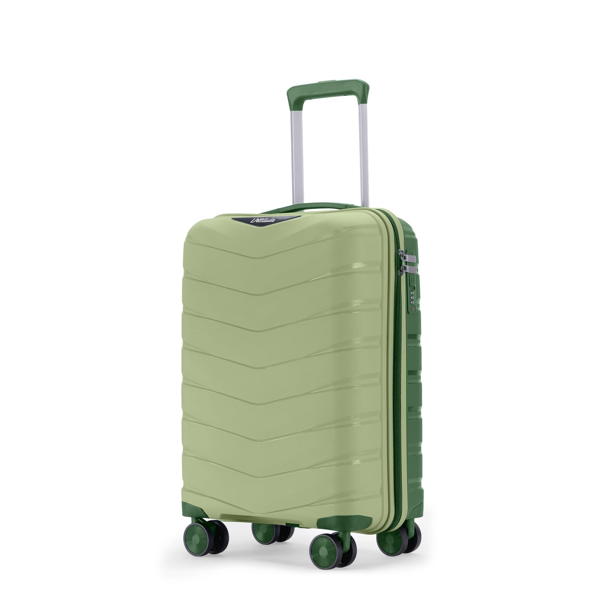 LAttitude By Provogue Axis Cabin Suitcase 55 cm 20 inch Polypropylene Hard Trolley, 8 Spinner Wheels, 3-Pocket Convipack, Dual-Tone Shell, Recessed Number Lock, Carry-On Laser Green/Everglade Green
