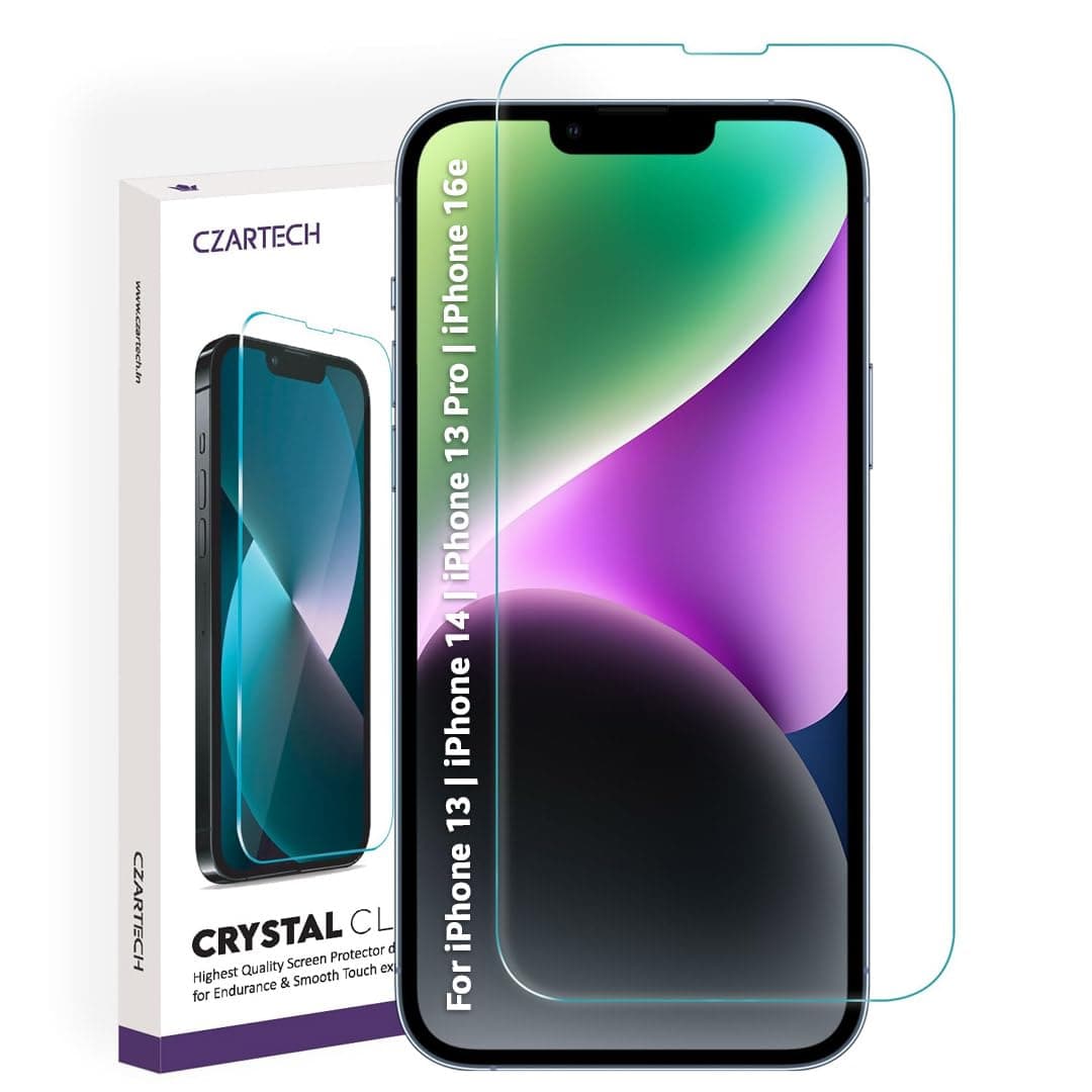 Czartech Tempered Glass for iPhone 13/14 / 13 Pro / 16e / 17e Screen Guard Protector with Easy Cleaning Kit (Pack of 1)