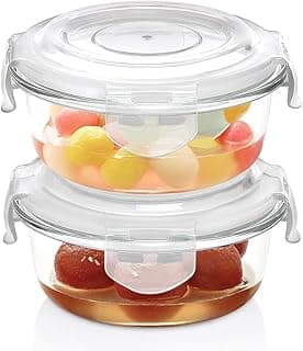 Borosil Klip N Store Glass Storage Containers For Kitchen With Air-Tight Lids, Microwave & Oven Safe, Round, Set of 2 (400 ml, 400 ml), Clear