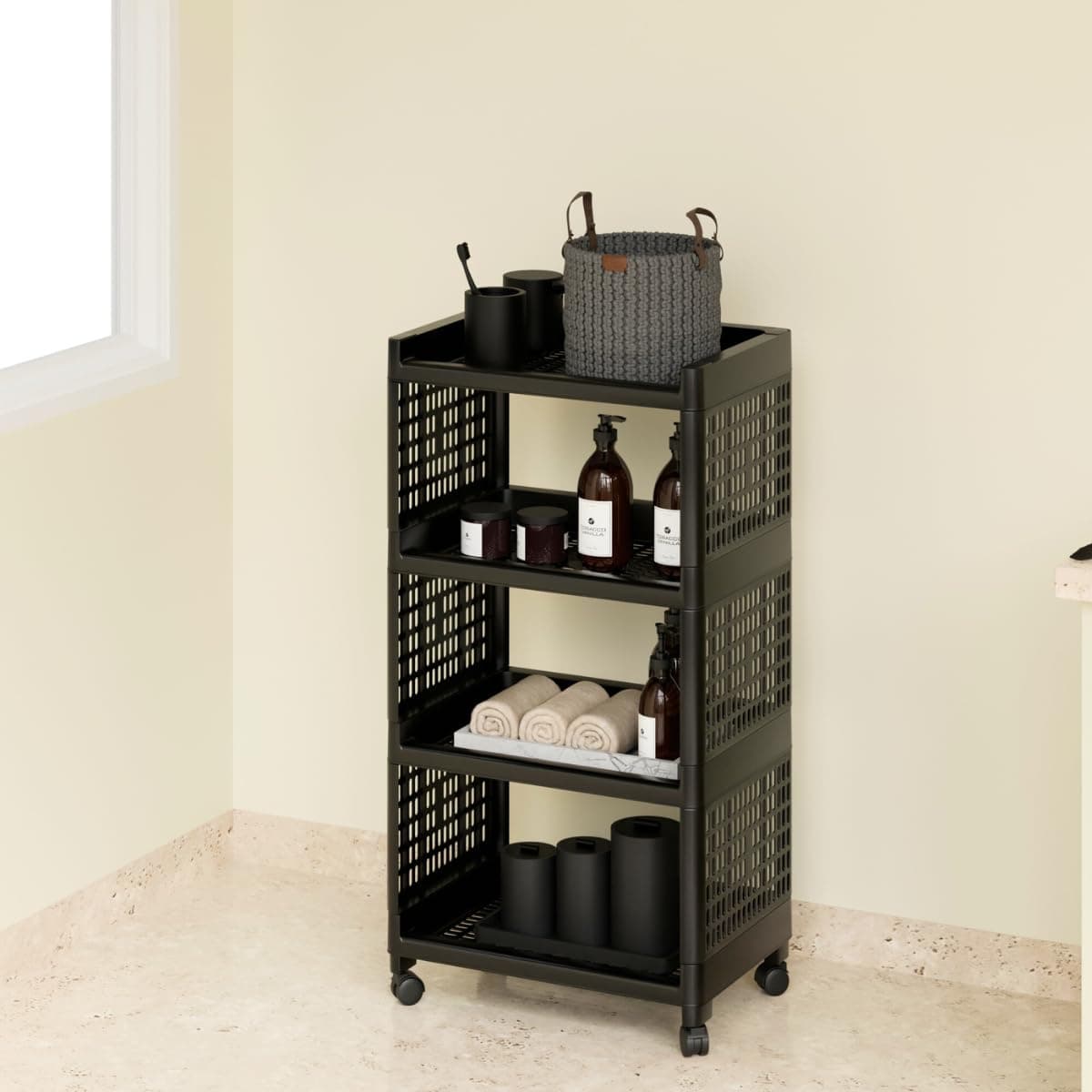 Biltoxi Plastic Multipurpose Storage Racks | 4 Shelfs Storage Organizer Racks for Home, Kitchen, Bathroom | Kitchen Trolley Rack with Wheels (Black)