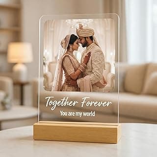Acrylic Customized Photo, Text Plaque | Personalized Photo Frame with Pinewood Stand | Gift for friend, partner, parents, Rectangular, Tabletop, 8.2 X 5.9 Inch