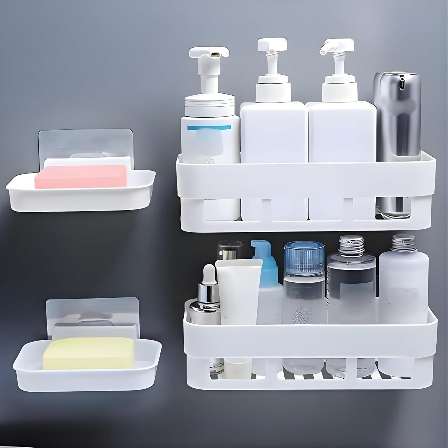 Amazon Brand - KG IMPORT Bathroom Shelf Without Drill | Adhesive Bathroom Organizer Wall Shelf | 2 Shelves + 2 Soap Dish | Waterproof Rust-Free Bathroom Rack for Kitchen & Washbasin