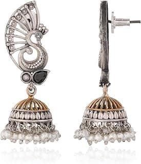 VOYLLA Oxidised Jhumka Earrings for Women – Antique Elegance Peacock Motif Dome Danglers with Pearl Drops | Gift for Women