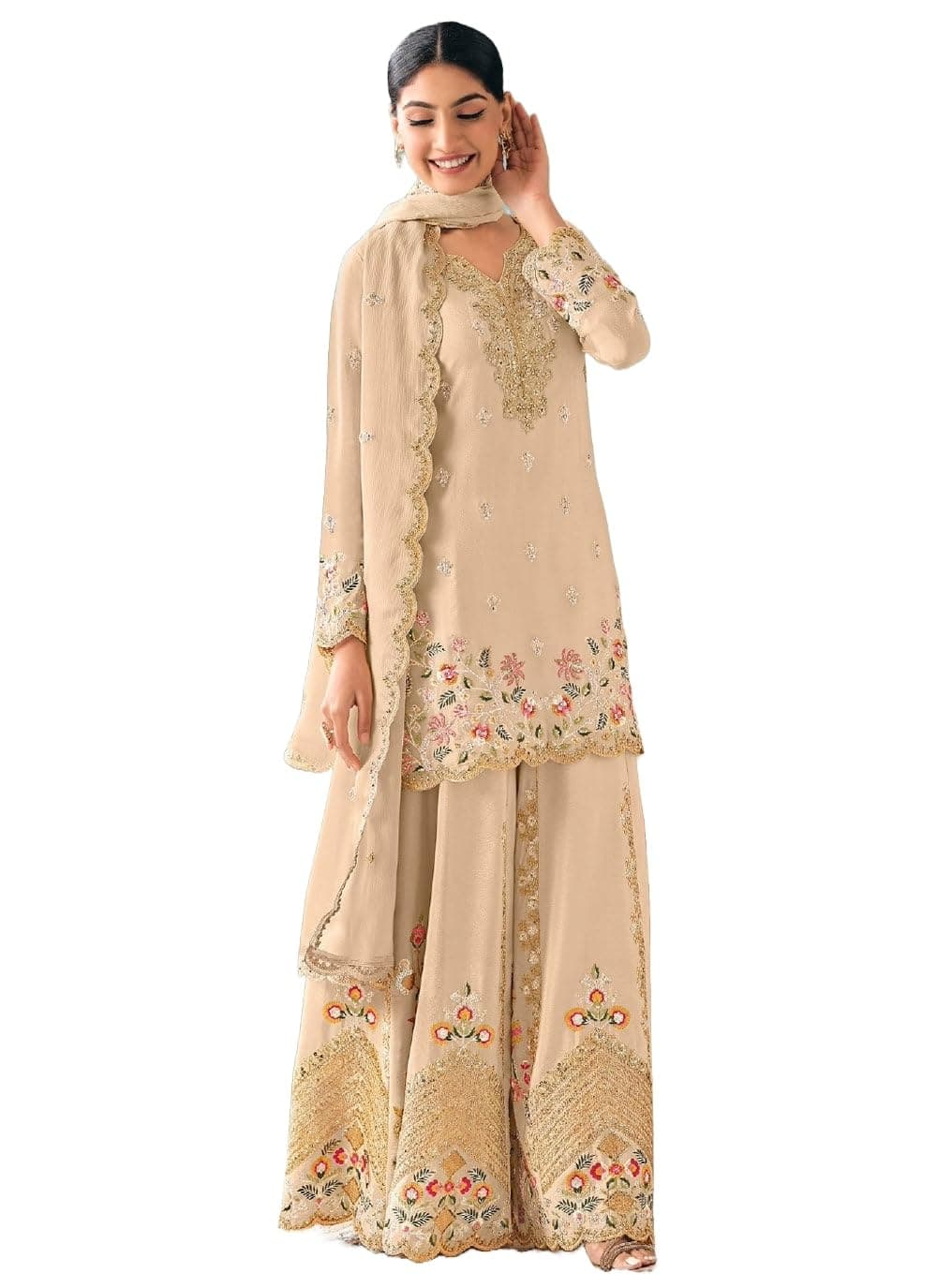 Miss Ethnik Women's Cream Chinon Stitched Top With Bottom and Dupatta Full Sleeve Embroidered Kurta Palazzo Set (ME-1289)