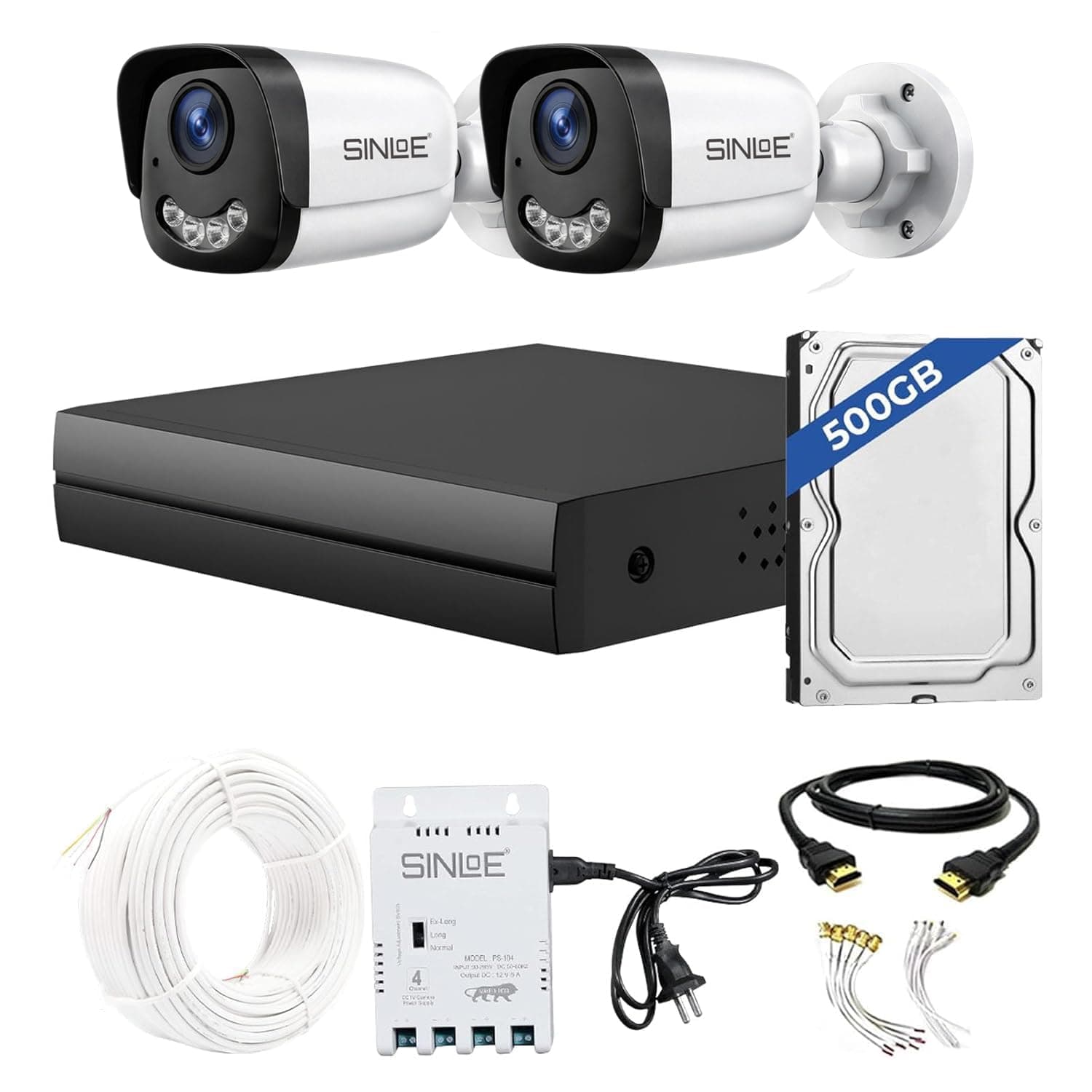 SINLOE 4 Channel 1080P Full HD DVR 2MP Night Color Wired Outdoor 2 Pcs, 500GB Hard Disk Full Combo Set, Black & White