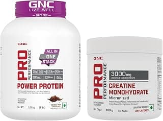 GNC Pro Performance Power Whey Protein| Double Rich Chocolate | 4 Lbs & Pro Performance Creatine Monohydrate, (Unflavoured, 100 Grams Powder) COMBO,1.81 Kilogram