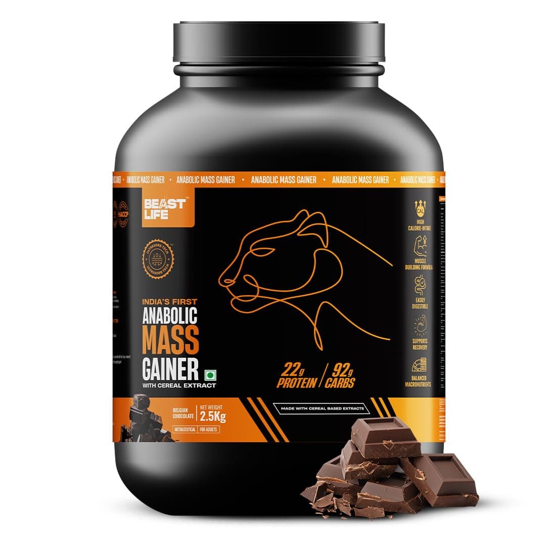 BeastLife High Protein Mass/Weight Gainer | 2.5 KG | Belgian Chocolate | NABL LAB Tested | For Muscle Gain & Fast Growth | Cereal-Based Formula, No Maltodextrin | India's #1 Cereal Based Bulk Gainer