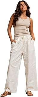 Women's Wide Leg Trousers Cotton Linen Blend High Waist Drawstring Palazzo Pants | Loose Fit Casual Straight Baggy Trouser for Daily & Office Wear