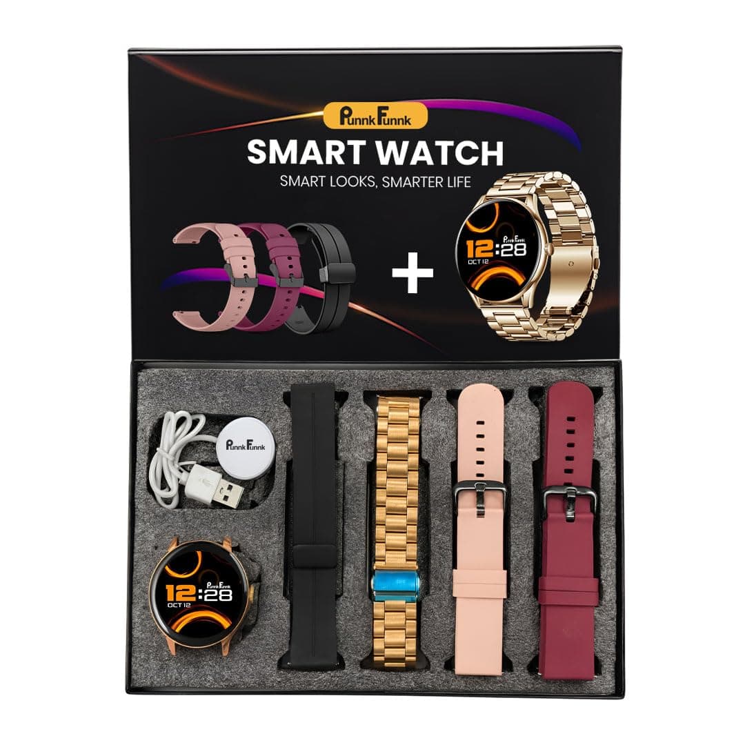 PunnkFunnk H20 Gold Dial Smart Watch Combo 1.49" AMOLED Display with 4 Straps, Crown Control, Bluetooth Calling, 100+ Sports Modes, IP67, SPO₂ & Health Tracking, for Men & Women (Gold Dial)