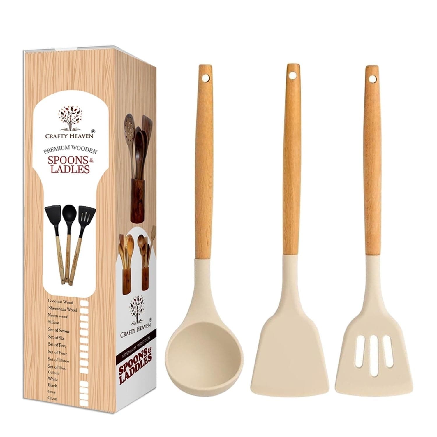 Crafty Heaven Silicone Spatula Set for Kitchen Utensils | Non-Stick Safe Cooking Spoons | BPA Free | High Heat Resistant | Ladles Turner Serving Cooking Spoon |1 Year Brand Warranty | Set of 3 (Cream)